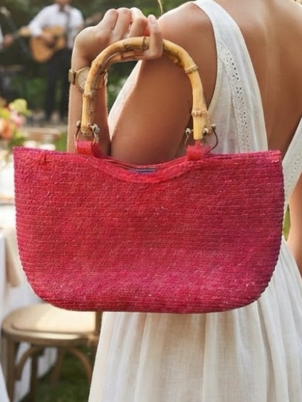 Bay Red Straw Bamboo Handle Tote Bag St. John's Resort Vacation Event Festival